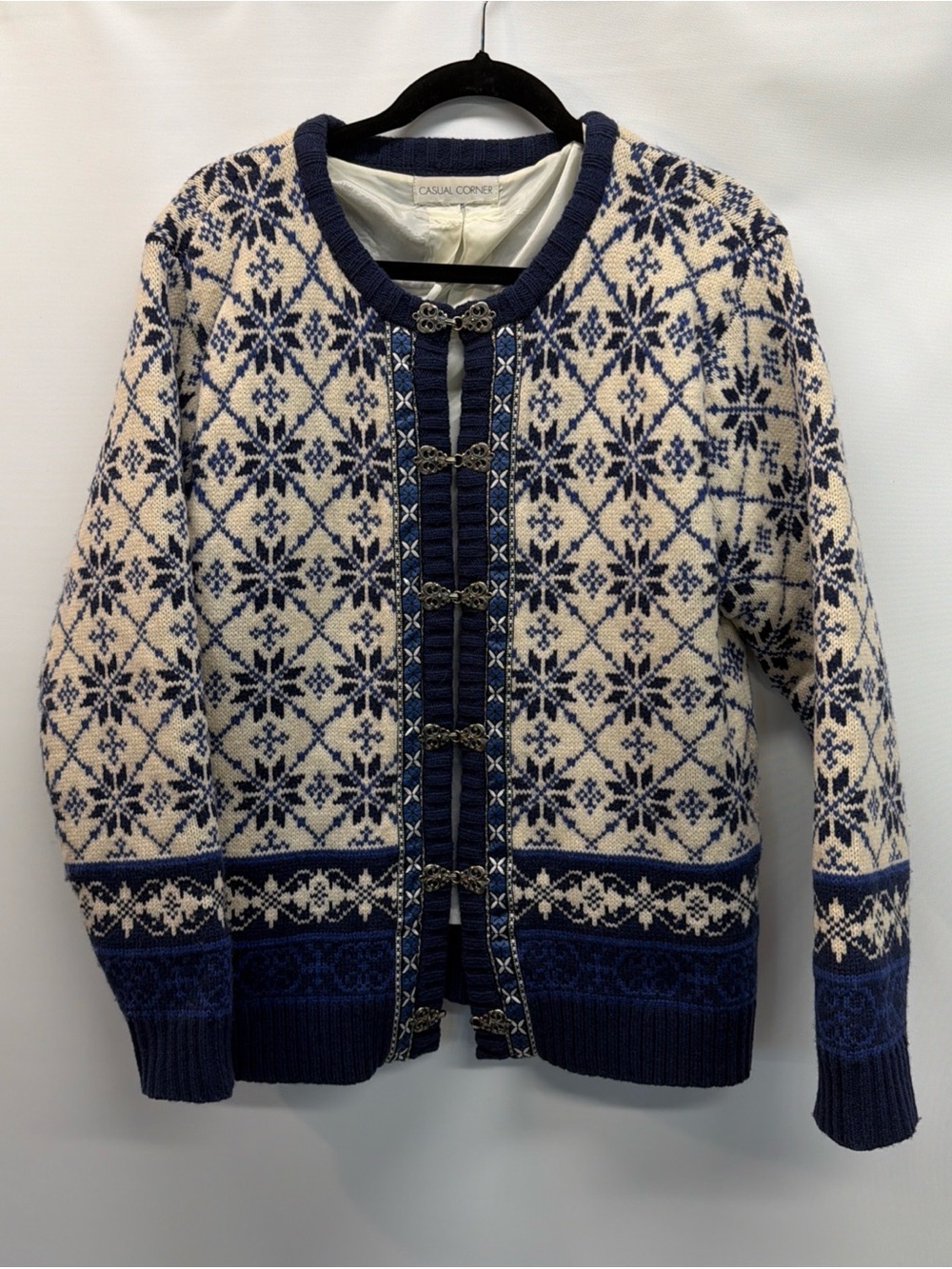 VTG Casual Corner Wool Lined Sz 2 US XS Oversized Cardigan Blue Nordic Fair Isle
